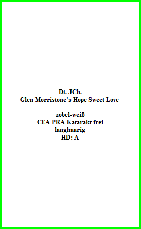 Dt. JCh.  Glen Morristone's Hope Sweet Love     zobel-weiß  CEA-PRA-Katarakt frei  langhaarig  HD: A