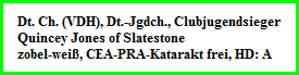 Dt. Ch. (VDH), Dt.-Jgdch., Clubjugendsieger  Quincey Jones of Slatestone  zobel-weiß, CEA-PRA-Katarakt frei, HD: A