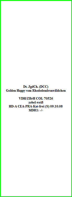 Dt.JCh.  Overground Odin vom Traumland Woblitz-See	    zobel-weiß  CEA-PRA-Katarakt frei  langhaarig  HD: A